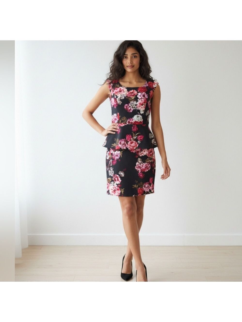 RICKI'S Red roses Dress cap sleeve peplum waist size small